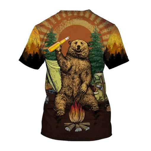 Bear beer because no great camping story with a salad all over printed tshirt