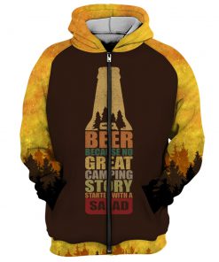 Bear beer because no great camping story with a salad all over printed zip hoodie