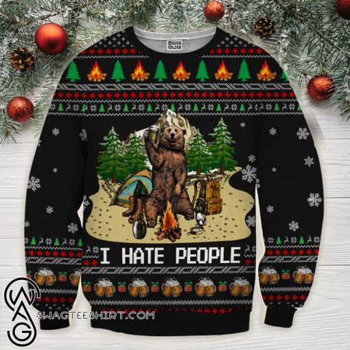 Bear beer camping i hate people full printing ugly christmas sweater
