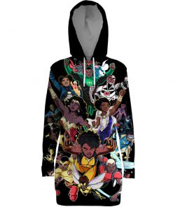 Black women and men superheroes all over print hooded dress