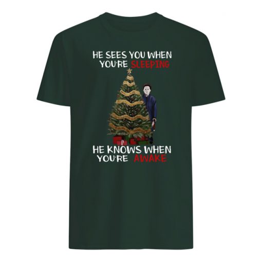 Christmas michael myers he see you when you're sleeping he knows when you're awake mens shirt