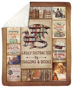Easily distracted by dragons and books fleece blanket 2
