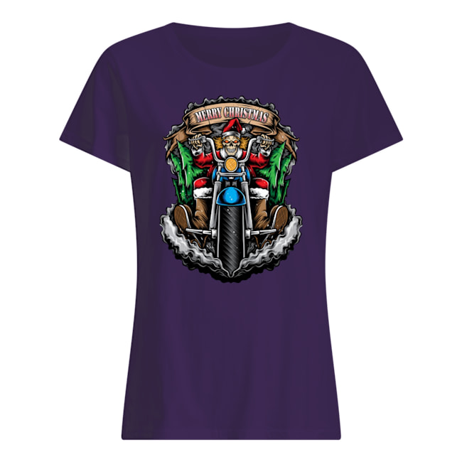 Santa skull biker christmas motorcycle womens shirt