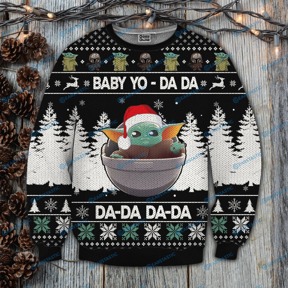 Star wars baby yoda da da da full printing ugly christmas sweater 1