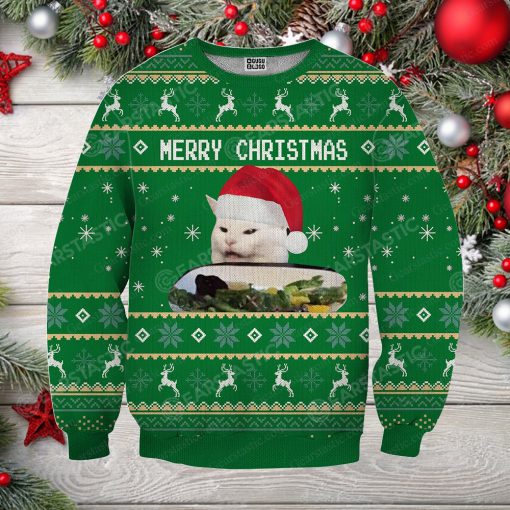 Woman yelling at cat full printing ugly christmas sweater 3
