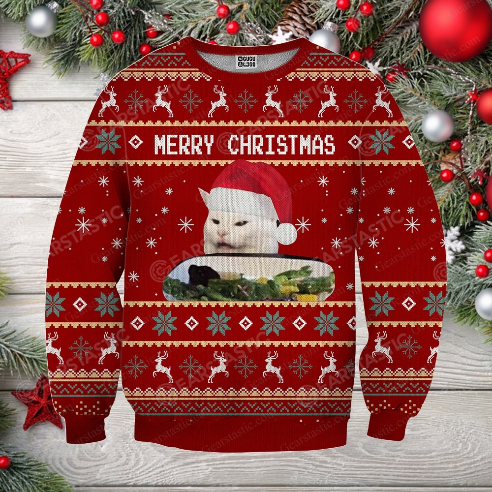 Woman yelling at cat full printing ugly christmas sweater 4