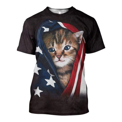 Patriotic kitten american flag all over print tshirt