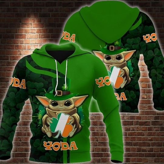 Baby yoda saint patricks day clover irish flag all over printed hoodie