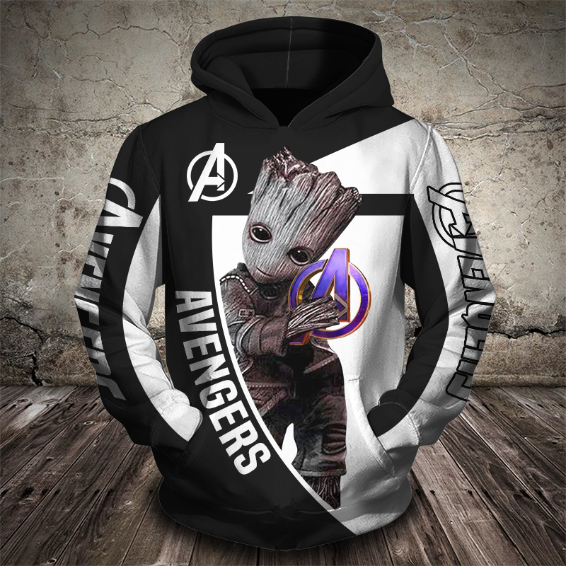 Groot hug avengers logo all over printed hoodie 1