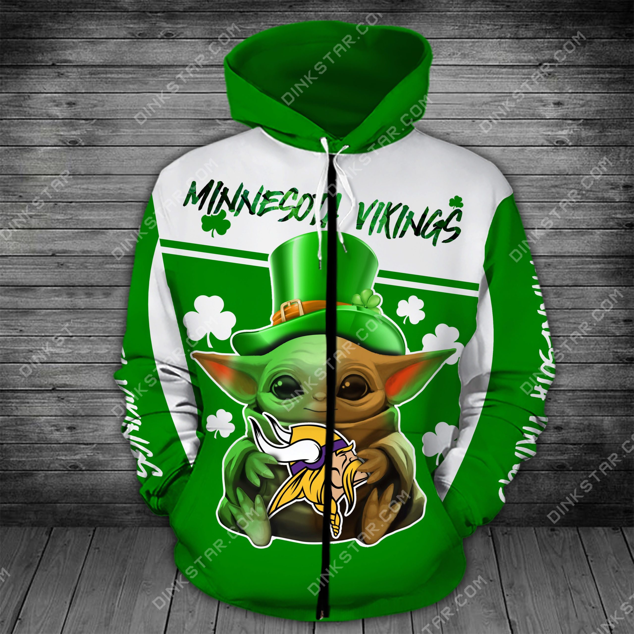 Minnesota vikings baby yoda saint patrick's day full printing zip hoodie
