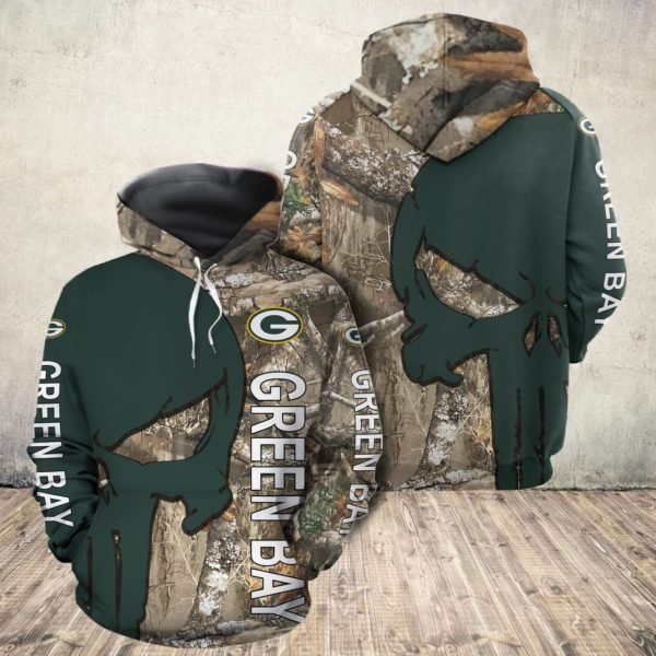 Green bay packers camo skull all over print hoodie 1