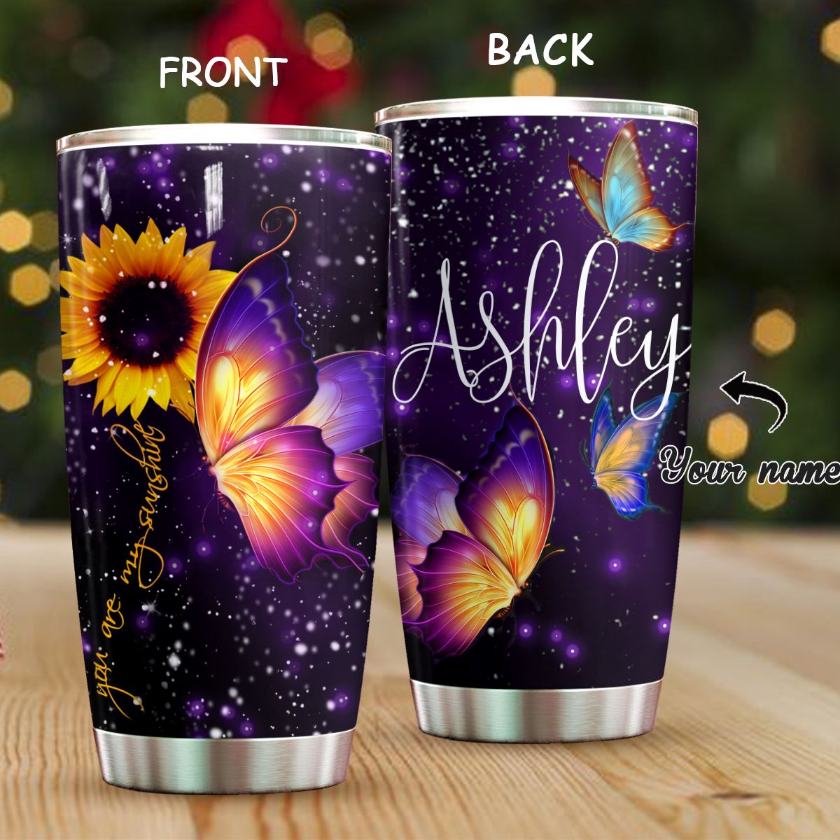 Personalized you are my sunshine night butterfly tumbler 1