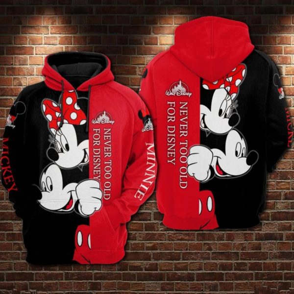 Mickey minnie never too old for disney full printing hoodie 1