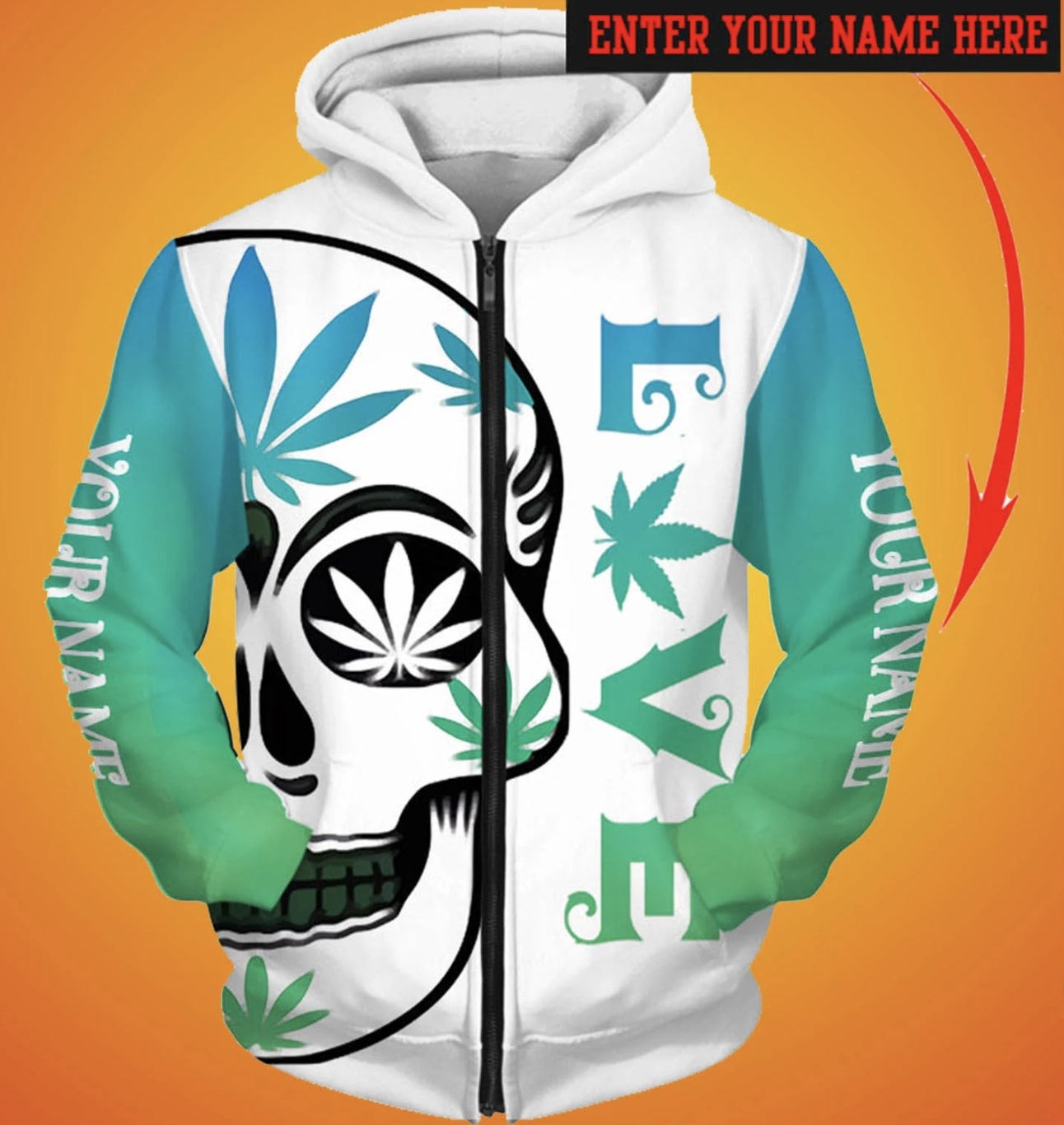 Personalized love weed sugar skull full printing zip hoodie 1