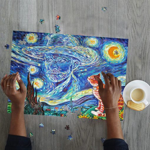 Vincent van gogh paintings starry night cat jigsaw puzzle 2