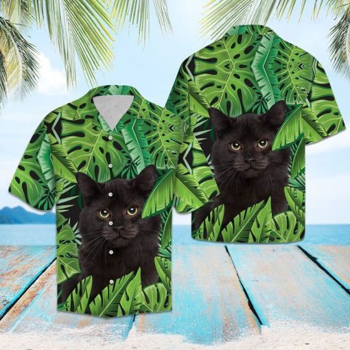 Beach hawaii black cat tropical hawaiian shirt 1