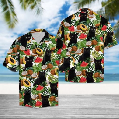 Black cat tropical fruits hawaiian shirt 2
