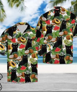 Black cat tropical fruits hawaiian shirt