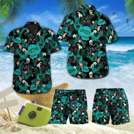 Black cat tropical hawaiian shirt 2