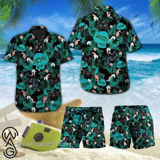 Black cat tropical hawaiian shirt