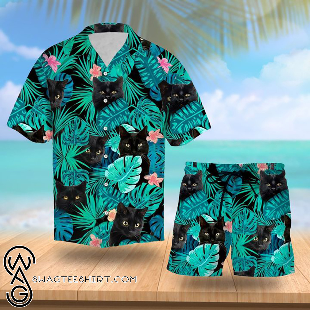 Black Cat Tropical Hawaii Shirt Hawaiian Shirt for Men 