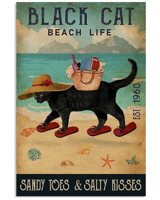 beach life black cat sandy toes and salty kisses vintage poster 1
