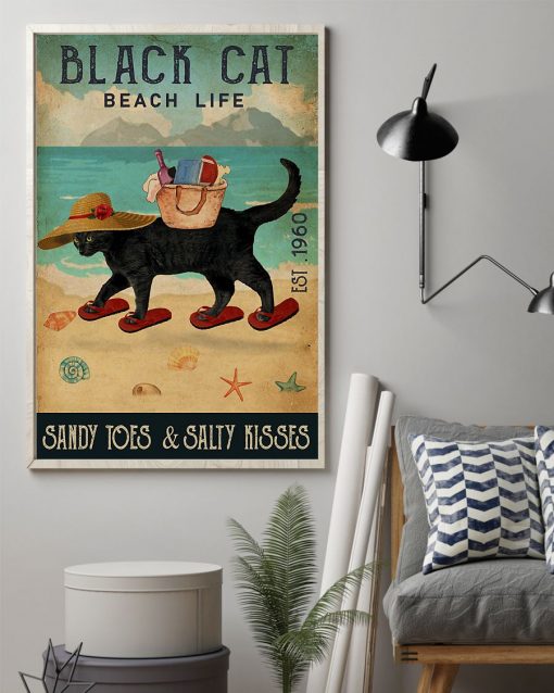 beach life black cat sandy toes and salty kisses vintage poster 2