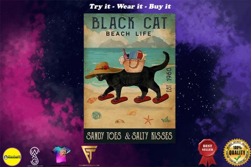 beach life black cat sandy toes and salty kisses vintage poster