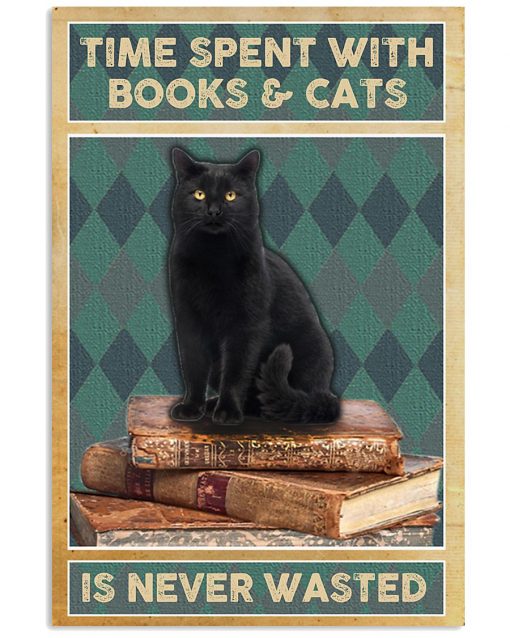 black cat time spent with books and cats is never wasted vintage poster 1