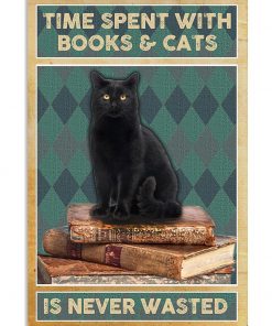 black cat time spent with books and cats is never wasted vintage poster 3