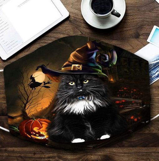 halloween black cat with witch hat all over printed face mask 1