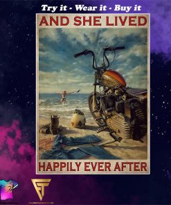 vintage beach life motorcycle girl and she lived happily ever after poster