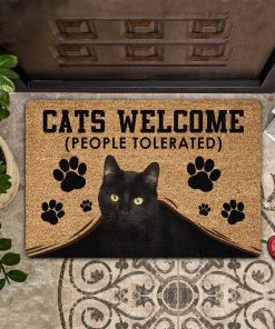 black cat welcome people tolerated doormat 1