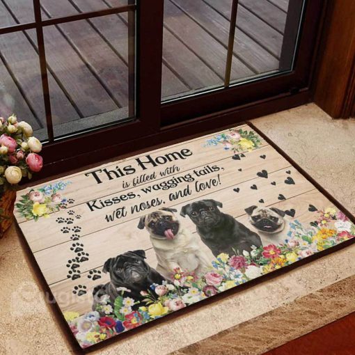 floral pug this home is filled with kisses wagging tails doormat 1 - Copy