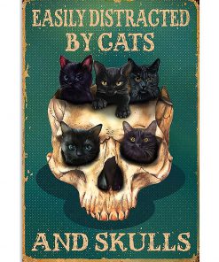 halloween easily distracted by cats and skulls retro poster 1