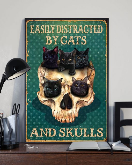 halloween easily distracted by cats and skulls retro poster 2