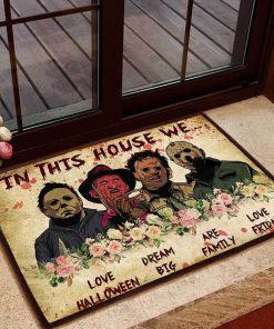 horror killers in this house we love halloween doormat 1
