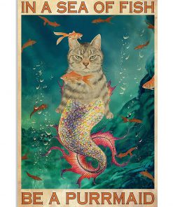 in a sea of fish be a purrmaid cat retro poster 1