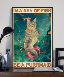 in a sea of fish be a purrmaid cat retro poster 2