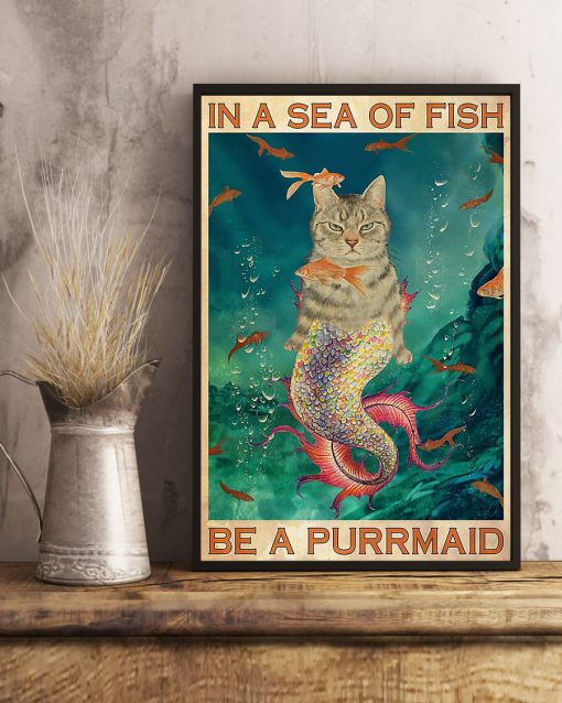 in a sea of fish be a purrmaid cat retro poster 3