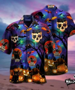 skull black cat halloween full printing hawaiian shirt 1