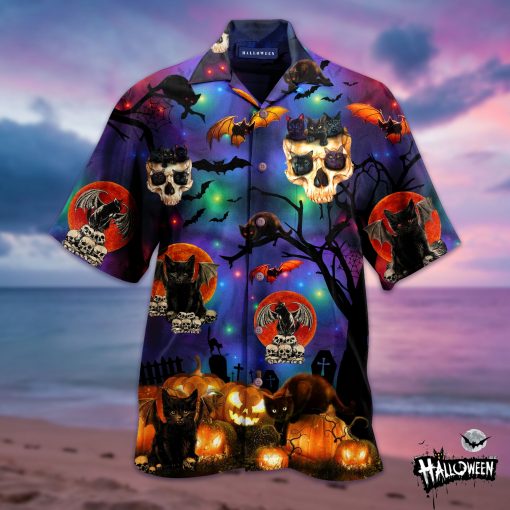 skull black cat halloween full printing hawaiian shirt 3