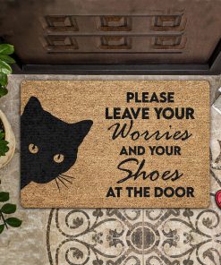vintage black cat please leave your worries and your shoes doormat 1