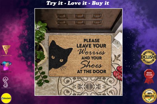 vintage black cat please leave your worries and your shoes doormat