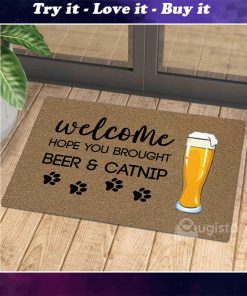 vintage welcome hope you brought beer and catnip doormat