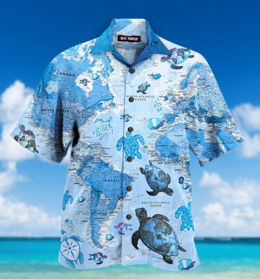 world map sea turtles full printing hawaiian shirt 2