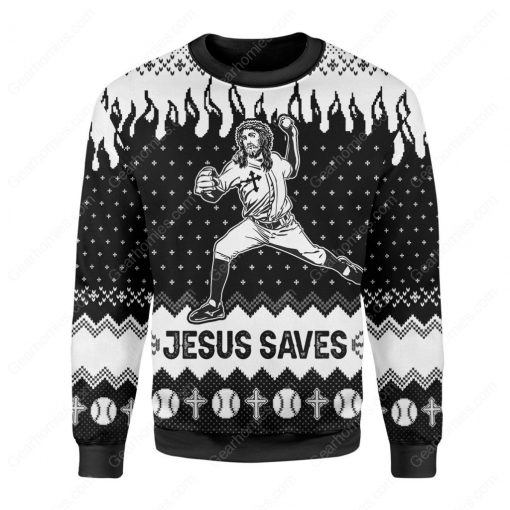 Jesus saves baseball all over printed ugly christmas sweater 2