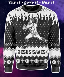 Jesus saves baseball all over printed ugly christmas sweater