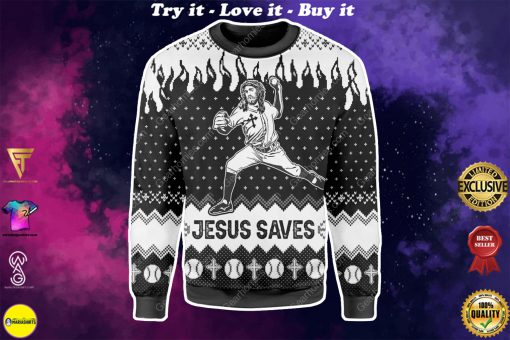 Jesus saves baseball all over printed ugly christmas sweater