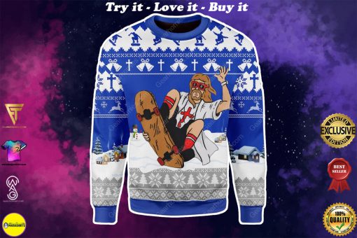 Jesus skateboarding all over printed ugly christmas sweater
